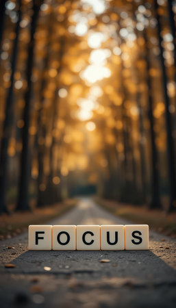 A serene path through a forest with an inspiring message spelled out in blocks. This image captures a peaceful moment that encourages focus and mindfulness in nature.の素材