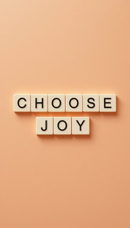 A minimalist image featuring the words "Choose Joy" created with letter tiles on a soft peach background. This inspiring visual promotes positivity and happiness.の素材