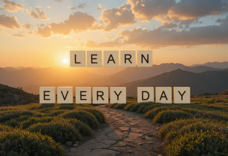 A serene sunset over mountains, featuring the encouraging words "Learn Every Day." Perfect for themes of inspiration, growth, and exploration in nature.の素材