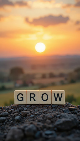 A beautiful sunset illuminates a tranquil landscape with the word "GROW" displayed prominently. This image symbolizes hope, change, and the beauty of nature's cycles.の素材