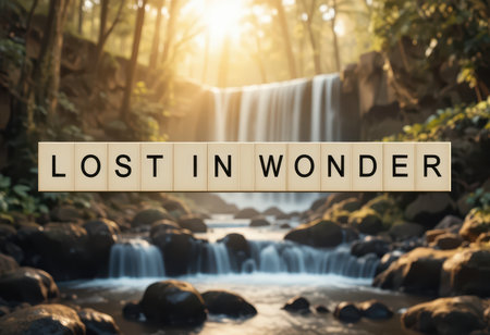 A stunning view of a waterfall cascading through moss-covered rocks, illuminated by golden sunlight. An ideal setting for relaxation and inspiration.の素材