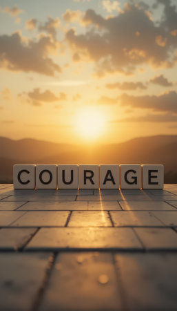A stunning sunset backdrop highlights the word "Courage" formed with blocks, symbolizing motivation and inspiration. Perfect for personal growth themes.の素材