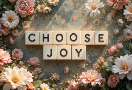 A vibrant arrangement of flowers surrounds the message "Choose Joy" created with letter blocks, evoking feelings of positivity and beauty in any space.の素材