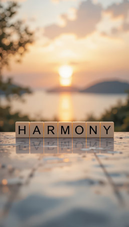 The image captures the essence of harmony, featuring wooden blocks spelling the word against a serene sunset backdrop. It symbolizes tranquility and peace in nature.の素材