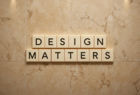 This image showcases the phrase "Design Matters" creatively arranged with tiles on a wall, highlighting the significance of design in interior spaces.の素材
