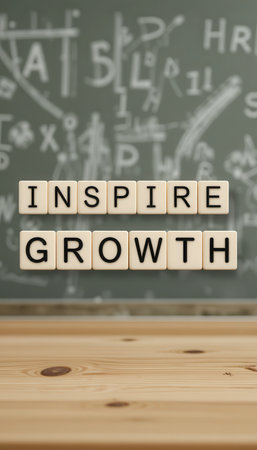 Creative concept showcasing letter tiles spelling 'Inspire Growth' on a blackboard background, symbolizing motivation and learning in personal and professional development.の素材