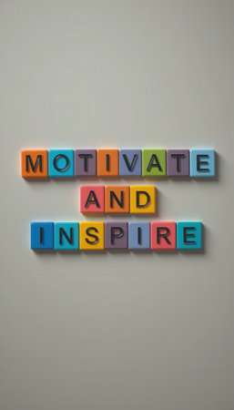 Colorful blocks feature the motivational words "Motivate and Inspire," perfect for creative environments or personal spaces seeking positivity and encouragement.の素材