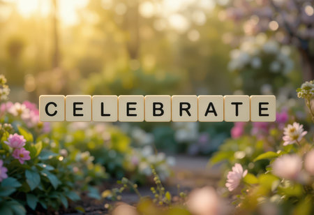 A beautiful arrangement of wooden letter blocks spelling "celebrate," surrounded by vibrant flowers in a serene garden. Perfect for conveying joy and positivity.の素材