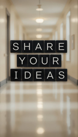 An inspiring message displayed in a modern hallway encourages individuals to share their ideas and foster creativity in a collaborative environment.の素材