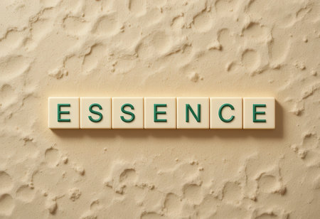 Creative depiction of the word "Essence" formed with letter tiles against a textured beige background, symbolizing inspiration and clarity. Perfect for artistic themes.の素材