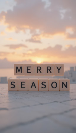 A tranquil view of sunset with the text "Merry Season" displayed on cubes. This warm and inviting scene captures the essence of celebration and joy.の素材