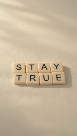 A flatlay image featuring white letter blocks spelling "STAY TRUE," ideal for motivational and inspirational themes in personal growth and philosophy.の素材