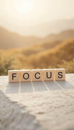 A serene scene featuring wooden blocks spelling 'FOCUS' against a beautiful natural backdrop at sunrise, symbolizing clarity and motivation.の素材