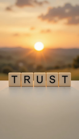 The image showcases the word "TRUST" formed by letters, illuminated by a stunning sunset. This symbolizes hope, connection, and the essence of relationships.の素材