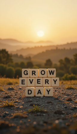 A captivating sunrise scene featuring wooden blocks with the phrase "Grow Every Day," symbolizing personal growth and motivation amidst a serene landscape.の素材