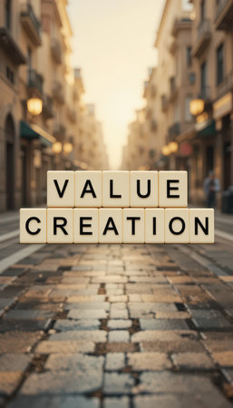 A striking urban scene featuring the words "Value Creation" displayed on blocks. This image symbolizes business innovation and growth in a dynamic setting.の素材