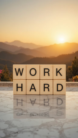 A visually striking image showcasing the phrase "Work Hard" in lettered blocks, set against a beautiful mountain sunset. This inspiring scene embodies motivation and ambition.の素材