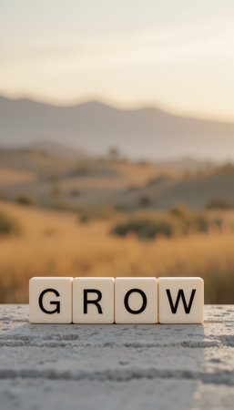 A serene landscape featuring blocks that spell "GROW" against a natural backdrop. This inspiring scene represents personal development and motivation.の素材