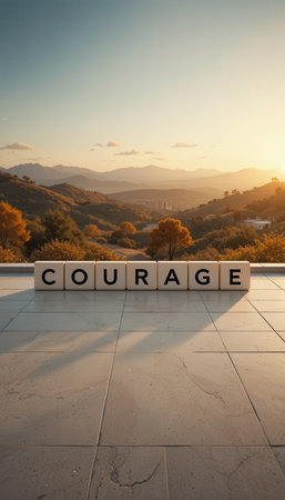 A beautiful sunset casts a warm glow over a serene mountain landscape, with blocks spelling courage set in the foreground, symbolizing strength and inspiration.の素材