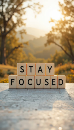 A serene sunset landscape featuring wooden blocks spelling "Stay Focused." Perfect for conveying motivation, inspiration, and personal growth themes.の素材