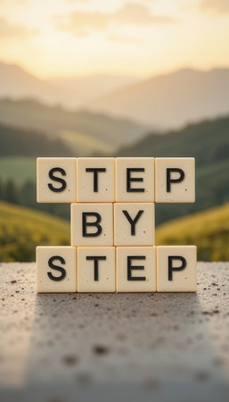 A captivating image showcasing wooden letters spelling "Step by Step" against a beautiful natural backdrop, symbolizing progress and motivation in life's journey.の素材
