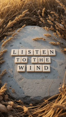 Captivating composition of stones featuring the words "Listen to the Wind" surrounded by natural wheat. A tranquil scene evoking peace and inspiration.の素材