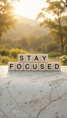 A serene scene featuring the message 'Stay Focused' on wooden blocks against a natural backdrop, inspiring mindfulness and personal growth in a peaceful setting.の素材
