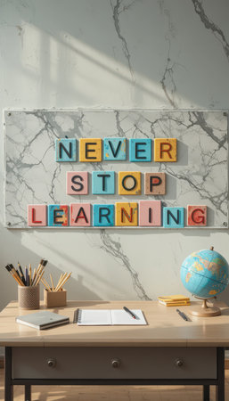 A vibrant study space featuring colorful letter tiles spelling "Never Stop Learning." The neatly arranged desk showcases supplies and a globe, inspiring creativity and motivation.の素材