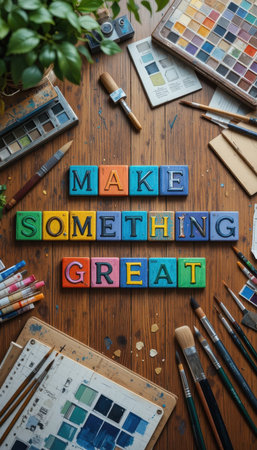 Bright and engaging workspace featuring colorful blocks spelling "Make Something Great." Surrounded by artistic tools like brushes and paint palettes, this image inspires creativity and motivation.の素材
