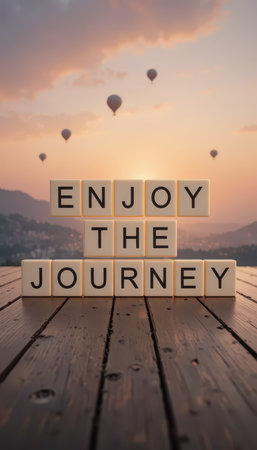 A beautiful sunset captures a motivational message composed of lettered blocks, promoting the idea of enjoying every journey in life, complemented by floating balloons.の素材