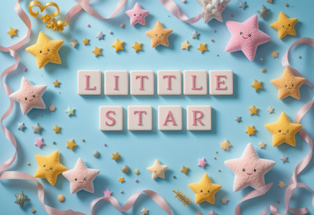 This adorable flat lay features colorful plush stars, ribbons, and playful blocks that create a charming atmosphere perfect for children's rooms or celebrations.の素材