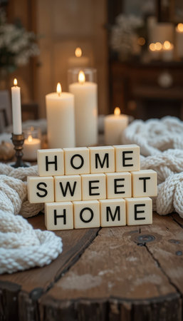 A warm and inviting arrangement of decorative blocks spelling 'Home Sweet Home', surrounded by candles and cozy elements, perfect for enhancing home ambiance.の素材
