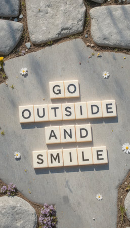 A creative arrangement of wooden tiles spelling "Go Outside and Smile" on a stone pathway surrounded by flowers, evoking feelings of positivity and tranquility in nature.の素材