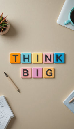 This image features a creative flat lay with colorful blocks spelling "Think Big" on a modern workspace. Perfect for inspiring motivation and positive thinking.の素材
