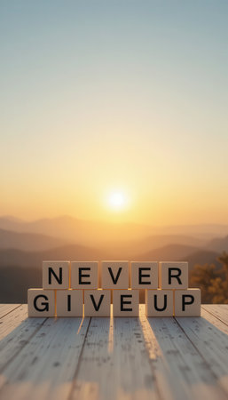 A serene sunrise illuminates a scenic landscape, featuring blocks that spell "Never Give Up." This image embodies motivation, hope, and perseverance, perfect for inspiring content.の素材