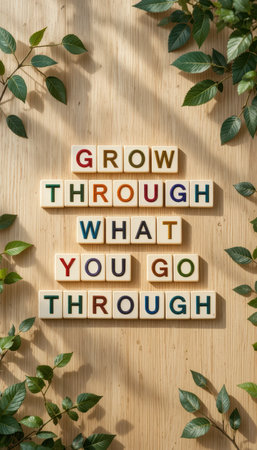 A vibrant display of colorful letter tiles that convey a motivational message about growth and resilience, complemented by natural greenery on a wooden background.の素材