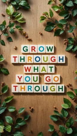 A visually appealing arrangement of colorful letters spelling an inspirational quote surrounded by fresh green leaves on a wooden background, symbolizing growth and resilience.の素材
