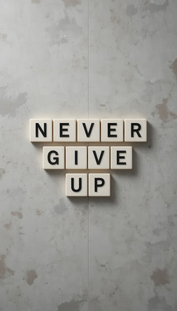 A motivational piece featuring the phrase "Never Give Up" displayed in bold letters against a textured gray backdrop, inspiring strength and positivity.の素材