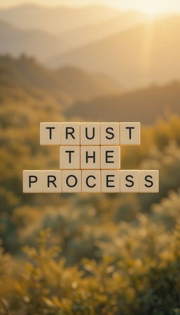 This image features a motivational phrase "Trust the Process" creatively arranged with wooden tiles, set against a serene natural landscape, symbolizing growth and determination.の素材