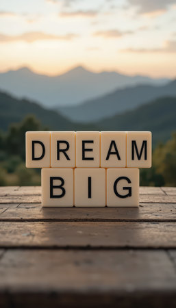 A captivating scene showcasing the words "Dream Big" on letter blocks against a serene nature backdrop, inspiring viewers to pursue their ambitions and goals.の素材