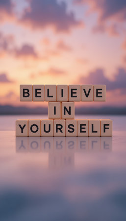 An inspiring image featuring wooden blocks spelling "Believe in Yourself" set against a beautiful sunset. The reflection adds an artistic touch, evoking feelings of hope and motivation.の素材