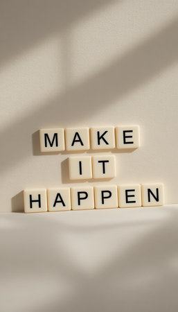 This minimalistic image features inspiring blocks spelling "Make It Happen" against a soft beige background, perfect for motivation, productivity themes, and creative projects.の素材
