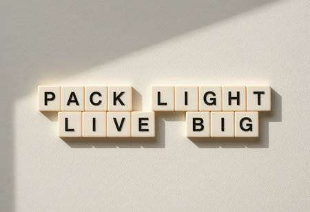 A minimalist design featuring the inspirational quote "Pack Light Live Big" created with wall letters. Ideal for promoting a carefree lifestyle and positive mindset.の素材