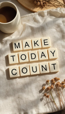 A serene scene featuring the motivational words "Make Today Count," complemented by a cozy cup of coffee and dried flowers, perfect for inspiration.の素材
