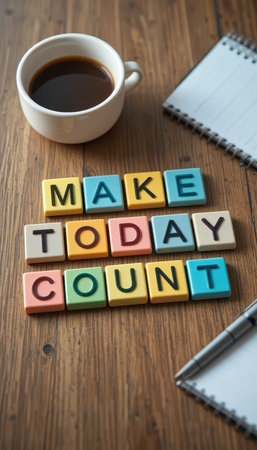 A warm and inviting scene featuring colorful alphabet letters spelling an encouraging message alongside a cup of coffee, creating a perfect workspace atmosphere.の素材