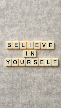 A creative flat lay showcasing the empowering phrase "Believe in Yourself" crafted from letter tiles. Perfect for motivational and inspirational themes.の素材