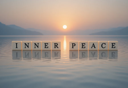 A serene sunset setting featuring letter blocks that spell 'INNER PEACE' on calm water. This tranquil scene embodies relaxation, mindfulness, and harmony with nature.の素材