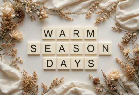 This image features decorative text reading "Warm Season Days" surrounded by dried flowers on a soft fabric background, creating a cozy and inviting atmosphere.の素材