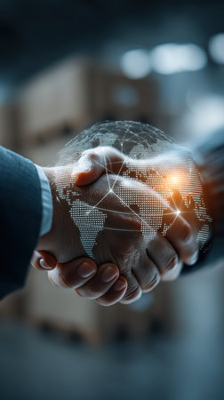 Two hands shake in partnership, symbolizing global cooperation and digital connection. This image conveys trust, professionalism, and success in modern business.の素材