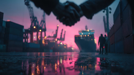 A close-up of a handshake between two individuals at a shipping port during dusk, surrounded by colorful reflections on wet pavement and cranes in the background.の素材